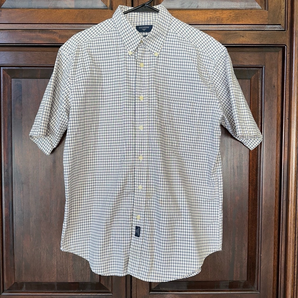 Dockers Men's Navy Cream Plaid SS Shirt Size M Seersucker Cotton Blend Button - Picture 10 of 12